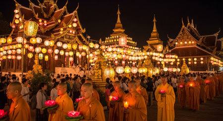 Unidentified Buddhist monks are lighting candle lanterns during the Loy Krathong festival in Chiang Mai, Thailand.の素材