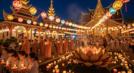 Unidentified buddhist monks lighting candles in front of Wat Pho temple in Chiang Mai, Thailand.の素材