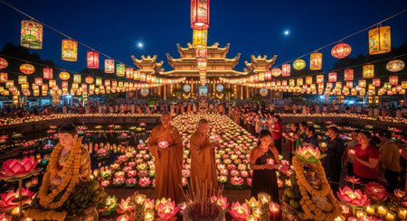 Unidentified people pray at Loy Krathong festival in Chiang Mai, Thailand.の素材