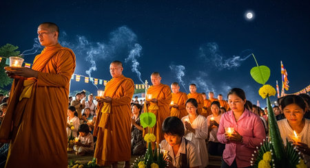 Unidentified buddhist monk lighting candles in the Buddhist ordination ceremony in Chiang Mai, Thailand.の素材