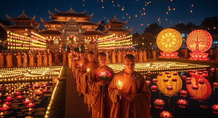 Unidentified Buddhist monks pray in the Loy Krathong festival in Chiang Mai, Thailand.の素材