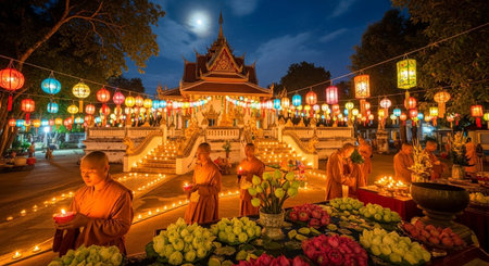 Unidentified buddhist monks pray at Wat Phra That Doi Suthep in Chiang Mai, Thailand.の素材