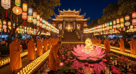 Unidentified buddhist monks pray at the Loy Krathong festival in Chiang Mai, Thailand.の素材