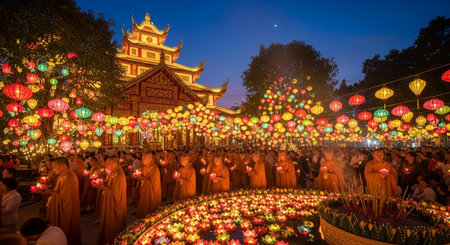 Unidentified Buddhist monks light up lanterns during Loy Krathong festival in Chiang Mai, Thailand.の素材