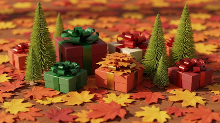 Gift boxes and Christmas tree on autumn leaves background, closeupの素材
