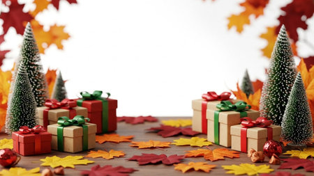 Christmas and New Year background with gift boxes, trees and maple leaves.の素材