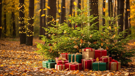 Gift boxes and christmas tree in the autumn forest. Christmas backgroundの素材