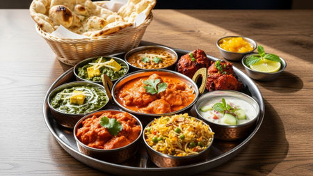 Group of Assorted Indian food includes Chicken Tikka Masala, Paneer Butter Masala, Dal Makhani, Palak Paneer, Dal Makhani, Dal Makhani, Dal Makhana, Aloo Paneer, etc.の素材
