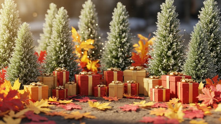 Christmas tree and gift boxes on a background of autumn leaves. Christmas and New Year concept.の素材