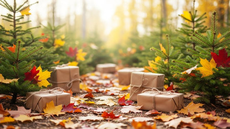 Gift boxes on the background of the autumn forest. Christmas concept.の素材