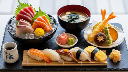 Japanese food Sashimi and Nigiri Sushi Set on wooden tableの素材