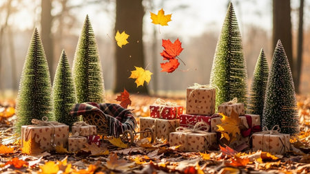 Gift boxes in the autumn forest with fallen leaves and Christmas treesの素材