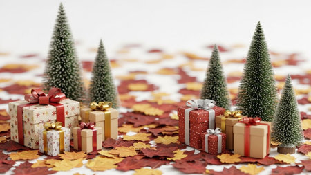Gift boxes and Christmas tree on the background of autumn leaves.の素材