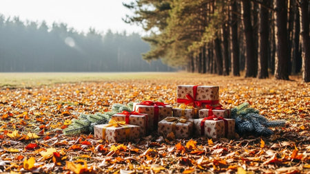 Gift boxes with red ribbons on the background of autumn forestの素材