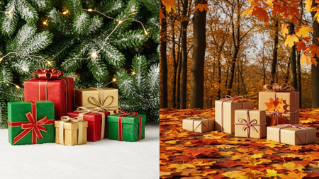 Christmas and New Year background with gift boxes and decorations on snow.の素材