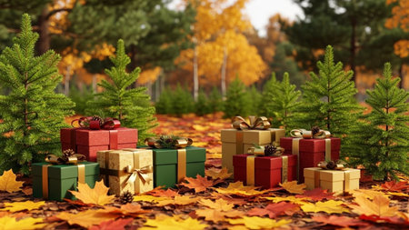 Christmas and New Year background with gifts and fir tree in autumn parkの素材
