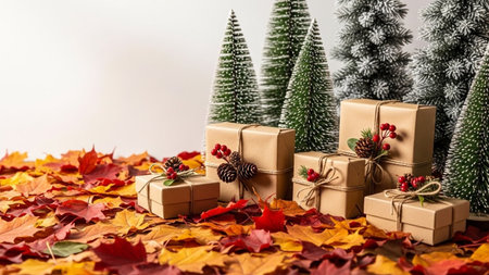 Gift boxes on the background of autumn leaves and Christmas trees.の素材