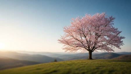 cherry blossom tree on mountain meadow with blue sky backgroundの素材