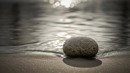 Zen stone on the sea shore with reflection in water. Soft focus.の素材