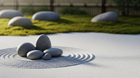 zen garden with stone in zen meditation concept 3d render illustrationの素材