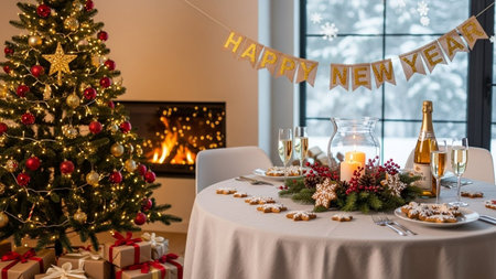 Beautiful Christmas and New Year decorated table with candles, champagne, gifts and Christmas treeの素材