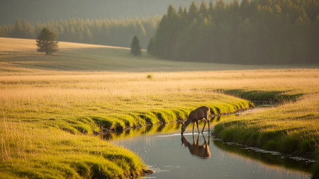 Deer in the meadow at sunrise. Wildlife scene from nature.の素材