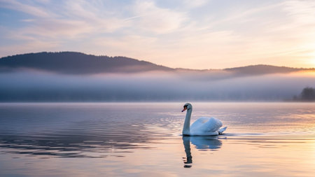 swan on lake at sunrise, swans on pond, nature seriesの素材