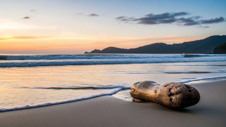 Beautiful sunset on the beach with a big stone in the foregroundの素材