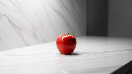 Red apple on a white marble table in front of a gray wallの素材
