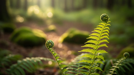 Green fern in the forest at sunset. Beautiful natural background.の素材