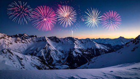 Colorful fireworks in the winter mountains at sunset. Caucasus Mountains, Georgiaの素材