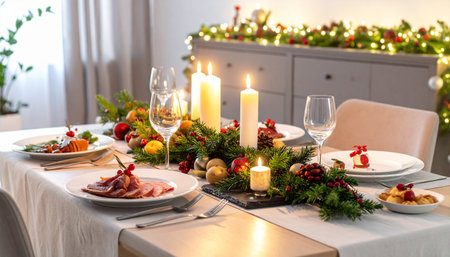 Beautiful table setting for Christmas dinner in room decorated with Christmas treeの素材