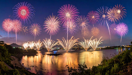 Beautiful firework show for celebration happy new year and merry christmas in thailandの素材