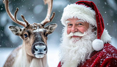 Portrait of Santa Claus with reindeer in winter forest.の素材