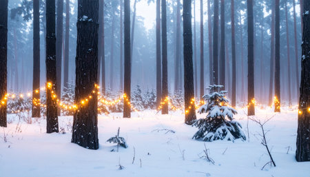 Winter forest with Christmas lights. Beautiful winter landscape in the forest.の素材