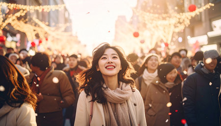 Beautiful asian woman walking in the city at Christmas time.の素材