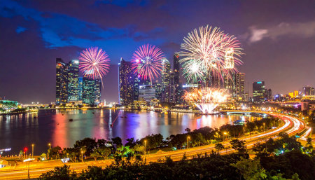 Singapore cityscape at night with fireworksの素材