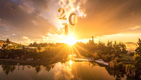 New Year 2017 with sunrise over the mountain lake. New Year conceptの素材