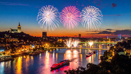 Panoramic view of Bern skyline with colorful fireworks, Switzerland.の素材