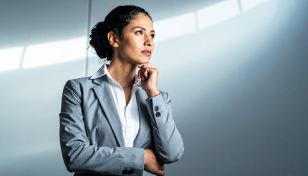 Thoughtful businesswoman with hand on chin looking away and thinkingの素材