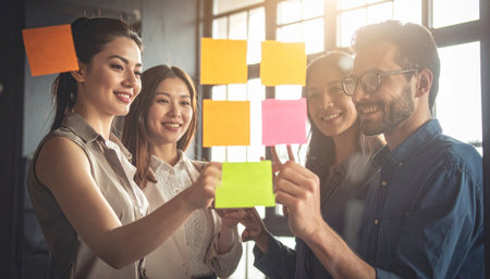 Group of business people brainstorming and discussing on sticky notes in office.の素材