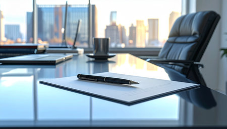 Pen and document on table in modern office. 3d rendering.の素材