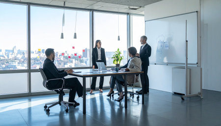 Group of diverse business people discussing business plan at meeting in modern officeの素材