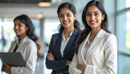 Portrait of young businesswoman with her team in background at officeの素材