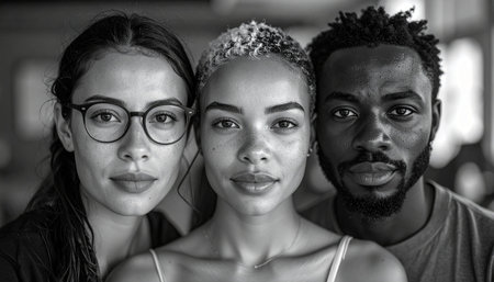 Group of diverse friends together at a coffee shop, black and whiteの素材