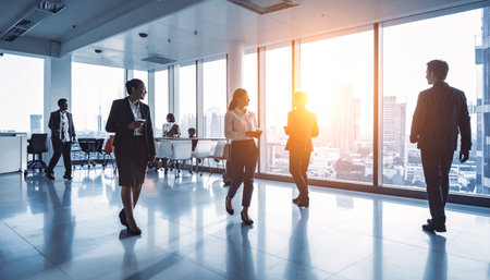 Silhouette of business people walking in modern office with city viewの素材