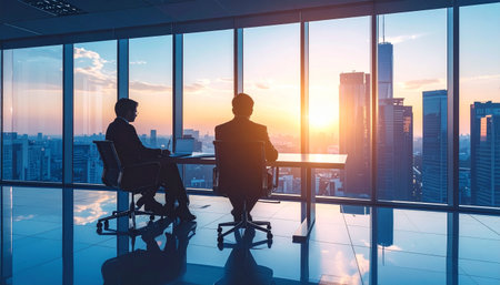 Businessman and businesswoman meeting in modern office with panoramic city view and sunlight. Double exposureの素材