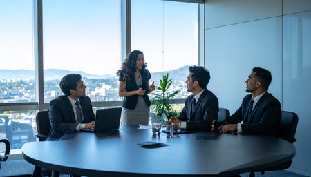 Group of business people discussing the charts and graphs showing the results of their successful teamworkの素材