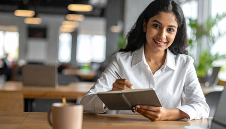 Portrait of young businesswoman sitting in cafe and writing in notebookの素材