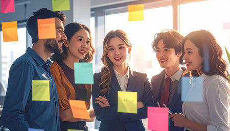 Group of business people brainstorming and discussing business plan  in officeの素材